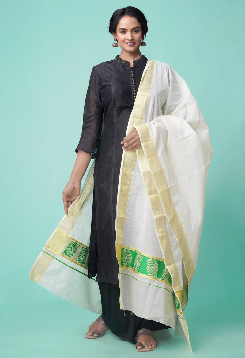 Ivory Pure Kerala Kasavu Cotton Dupatta