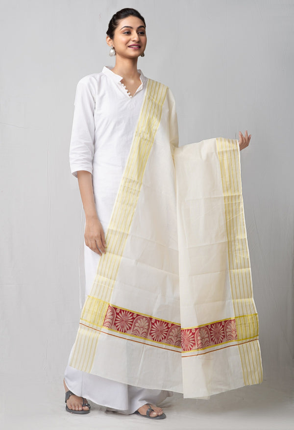 Ivory Pure Kerala Kasavu Cotton Dupatta-UDS2927