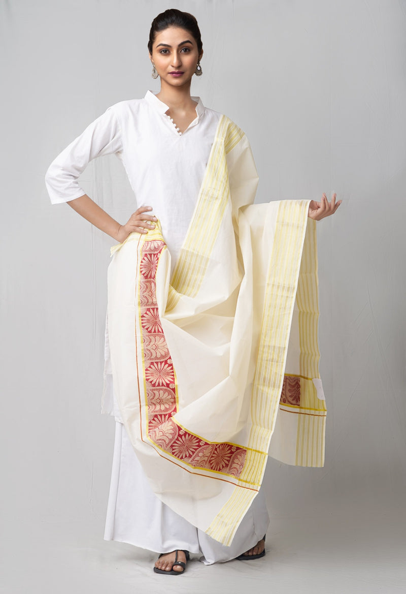 Online Shopping for Ivory Pure Kerala Kasavu Cotton Dupatta with Weaving from Kerala at Unnatisilks.comIndia
