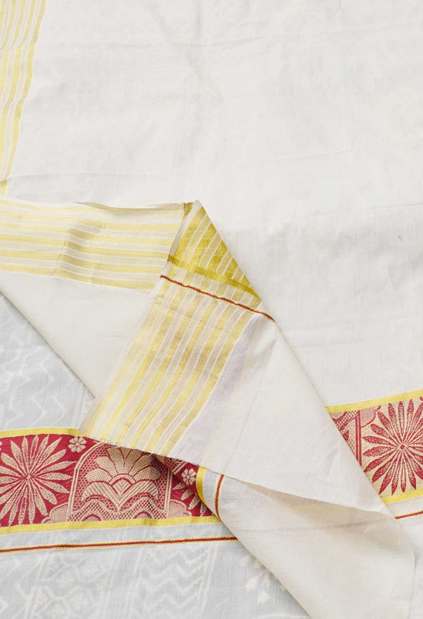 Ivory Pure Kerala Kasavu Cotton Dupatta-UDS2927