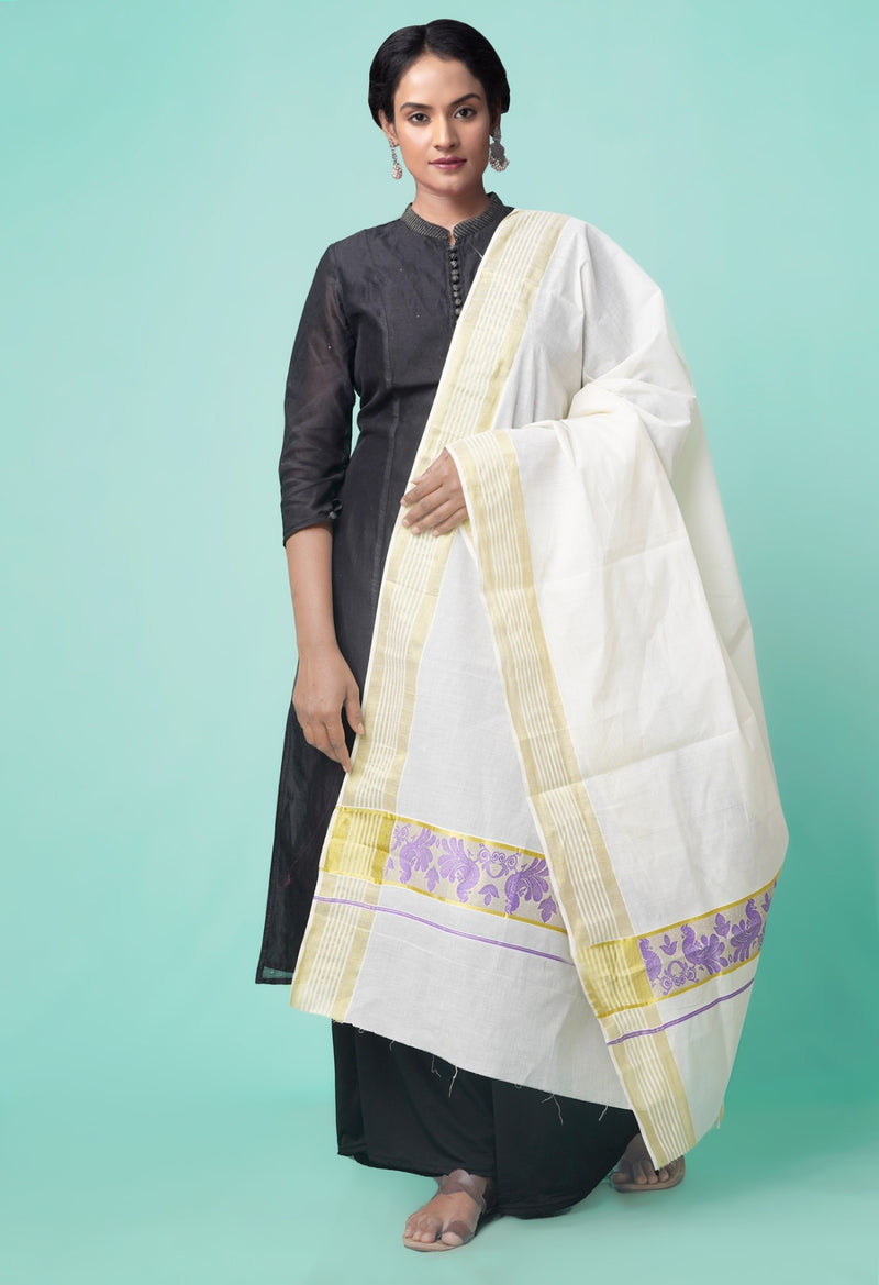 Ivory Pure Kerala Kasavu Cotton Dupatta