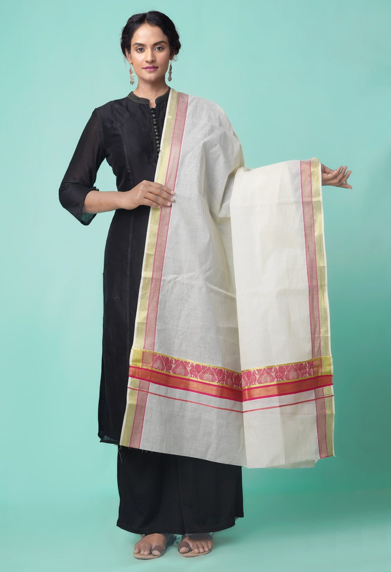 Ivory Pure Kerala Kasavu Cotton Dupatta