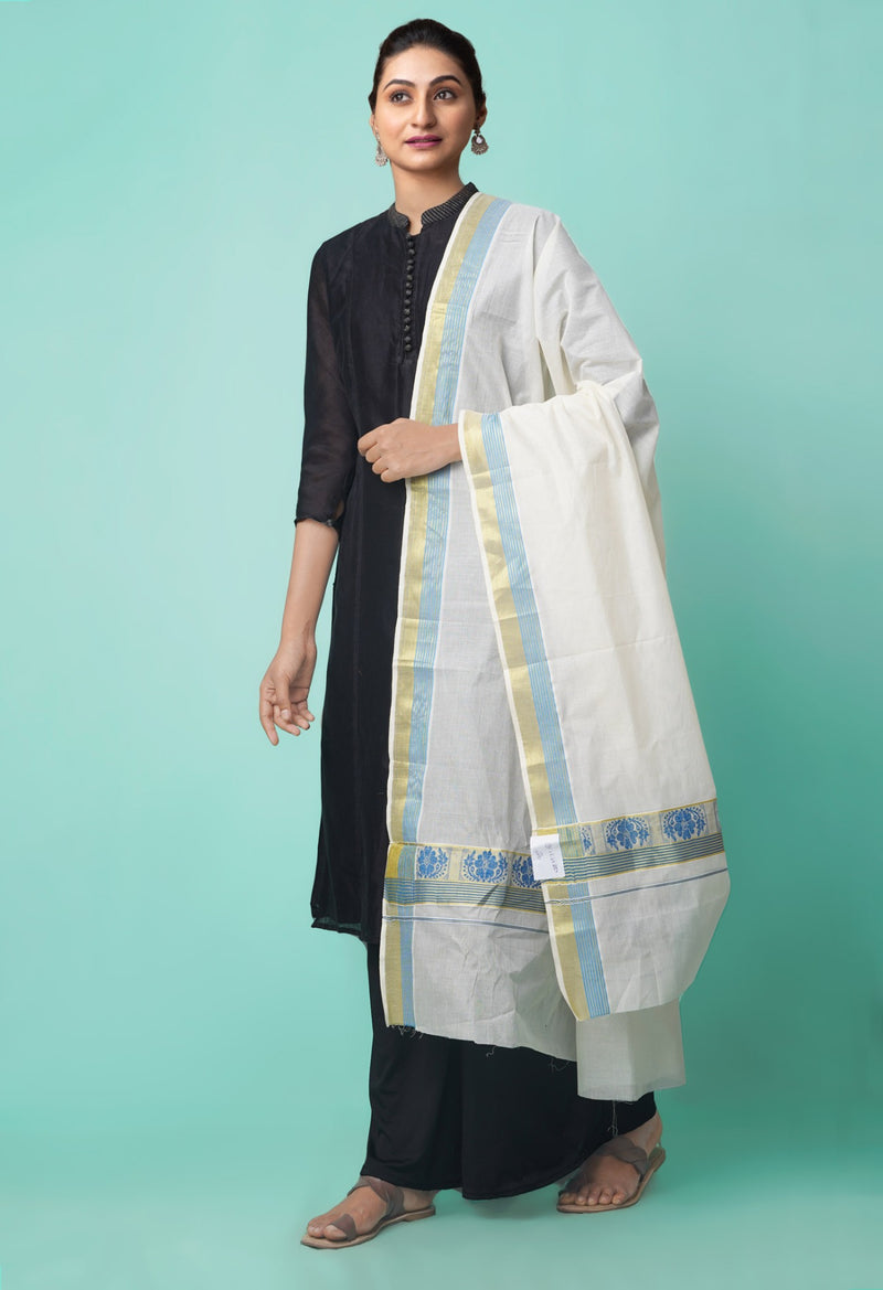 Ivory Pure Kerala Kasavu Cotton Dupatta