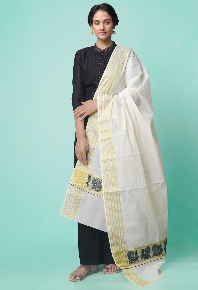Ivory Pure Kerala Kasavu Cotton Dupatta