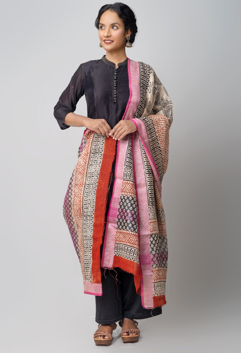 Online Shopping for Cream Bagru Printed Pure Handloom Linen Dupatta with Bagru Prints from Chattisgarh at Unnatisilks.comIndia
