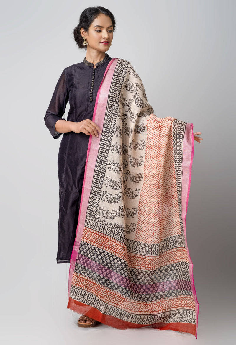 Online Shopping for Cream Bagru Printed Pure Handloom Linen Dupatta with Bagru Prints from Chattisgarh at Unnatisilks.comIndia
