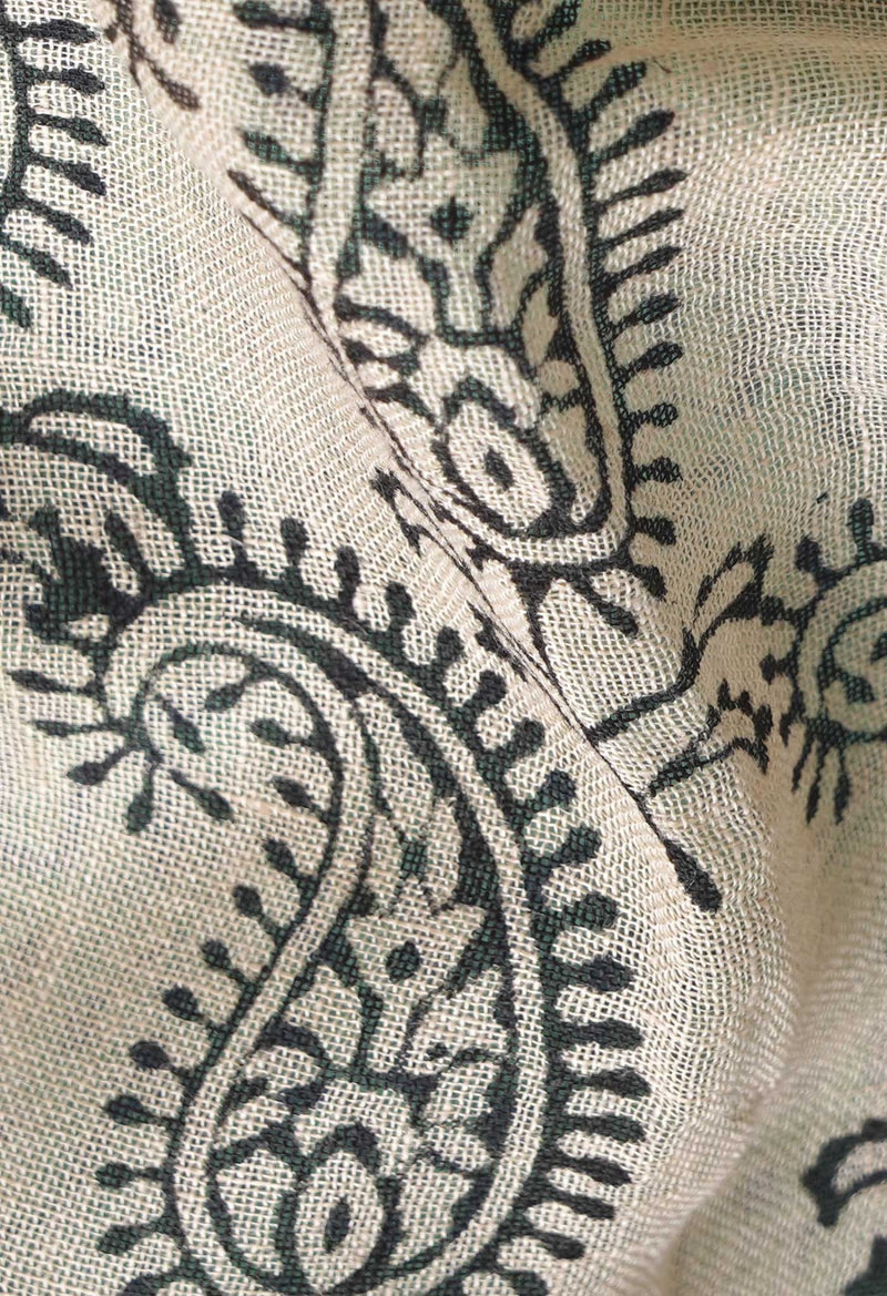 Cream Bagru Printed Pure Handloom Linen Dupatta