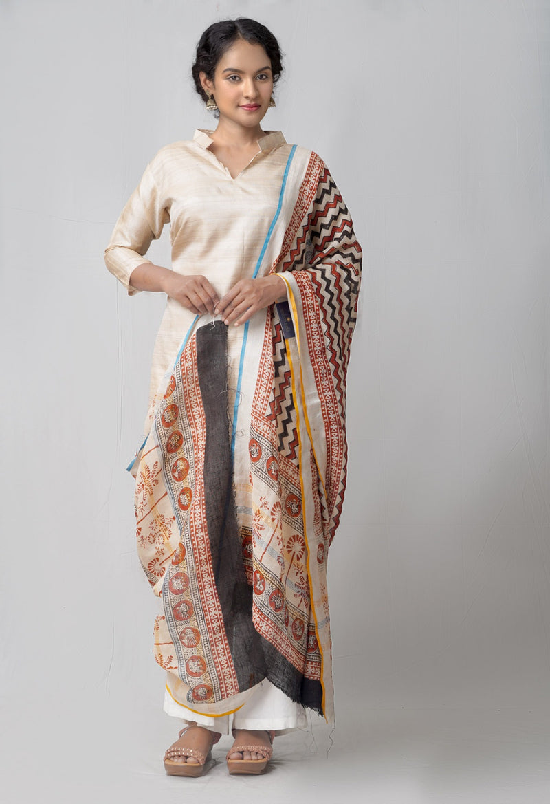 Online Shopping for Cream Bagru Printed Pure Handloom Linen Dupatta  with Bagru Prints from Chattisgarh at Unnatisilks.comIndia
