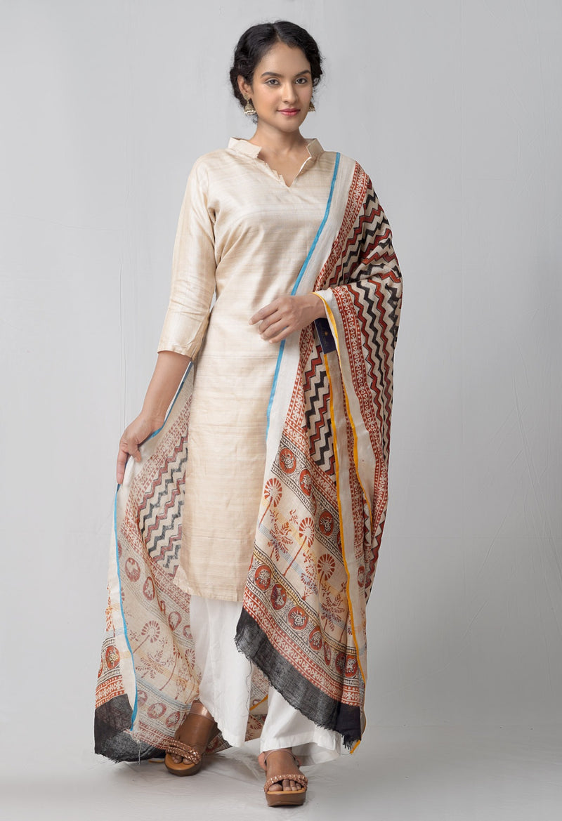 Online Shopping for Cream Bagru Printed Pure Handloom Linen Dupatta  with Bagru Prints from Chattisgarh at Unnatisilks.comIndia

