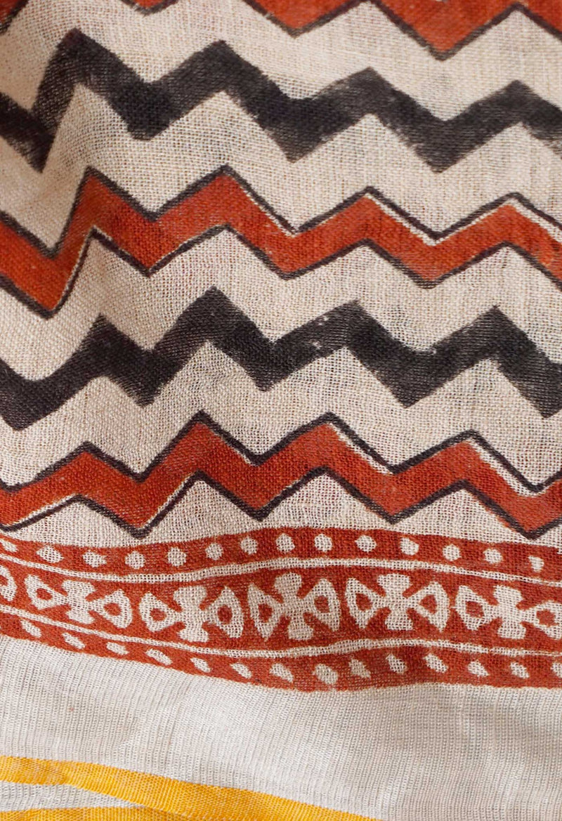 Cream Bagru Printed Pure Handloom Linen Dupatta
