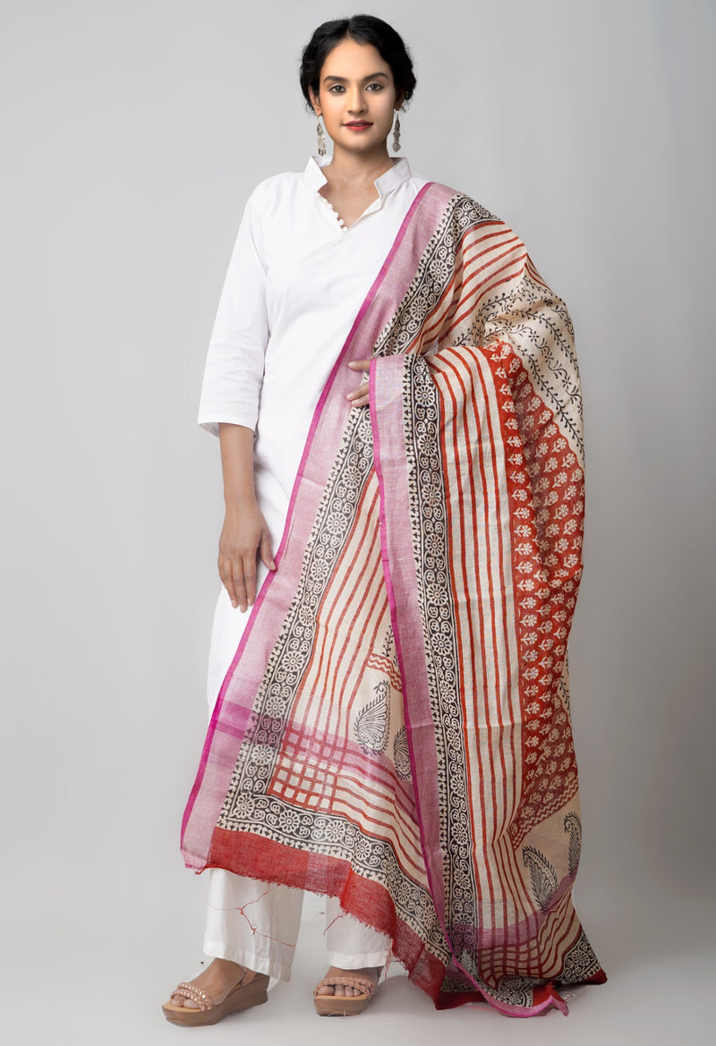 Online Shopping for Cream Bagru Printed Pure Handloom Linen Dupatta with Bagru Prints from Chattisgarh at Unnatisilks.comIndia
