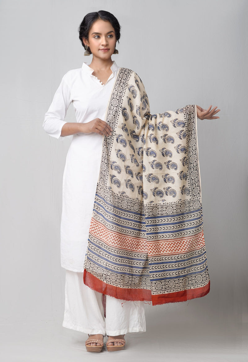 Online Shopping for Cream Bagru Printed Pure Kota Cotton Dupatta with Bagru Prints from Rajasthan at Unnatisilks.comIndia