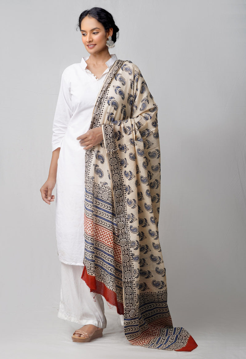 Cream Bagru Printed Pure Kota Cotton Dupatta