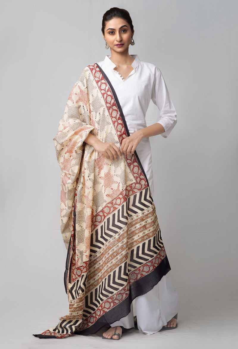 Online Shopping for Cream Bagru Printed Pure Mulmul Cotton Dupatta with Bagru Prints from Rajasthan at Unnatisilks.comIndia
