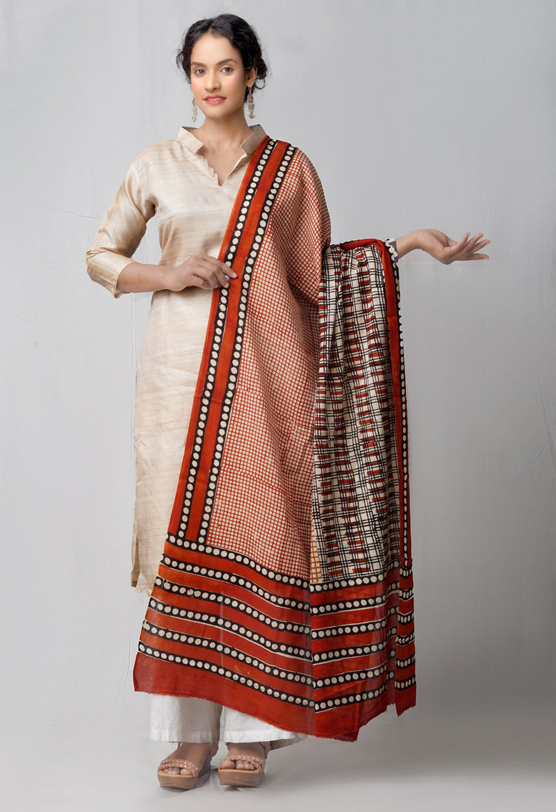 Online Shopping for Cream Bagru Printed Pure Mulmul Cotton Dupatta with Bagru Prints from Rajasthan at Unnatisilks.comIndia
