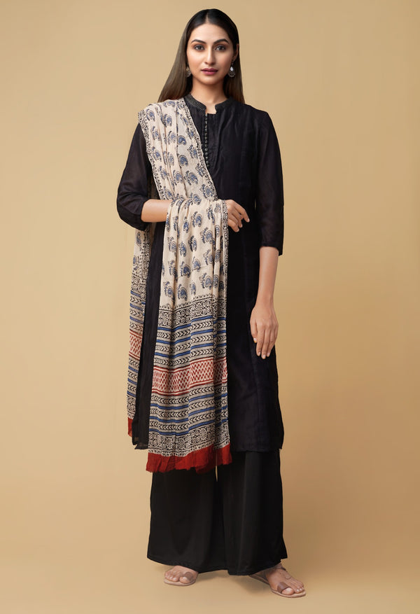 Online Shopping for Cream Bagru Printed Pure Chiffon Dupatta with Bagru Prints from Rajasthan at Unnatisilks.comIndia
