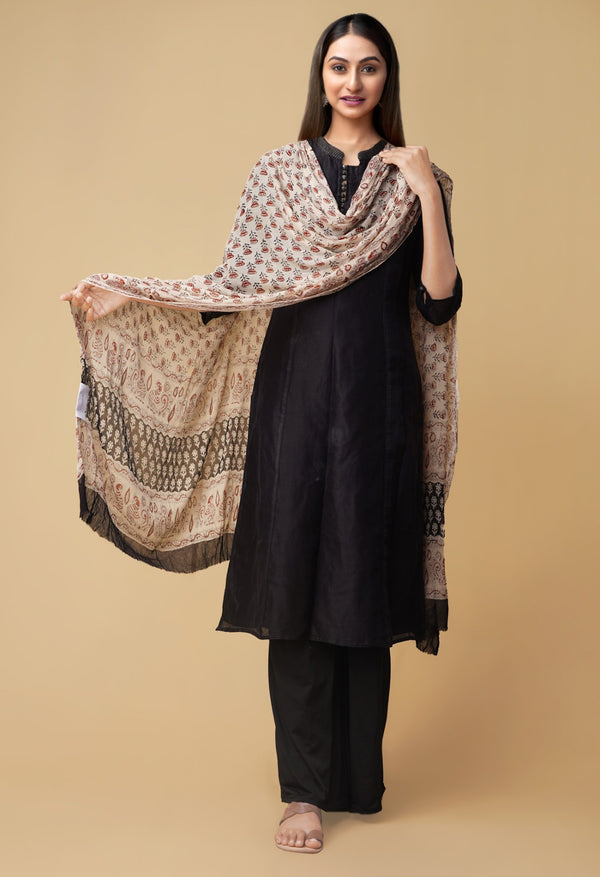 Online Shopping for Cream Bagru Printed Pure Chiffon Dupatta with Bagru Prints from Rajasthan at Unnatisilks.comIndia
