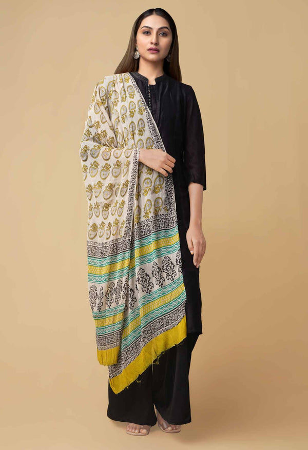 Online Shopping for Cream Bagru Printed Pure Chiffon Dupatta with Bagru Prints from Rajasthan at Unnatisilks.comIndia
