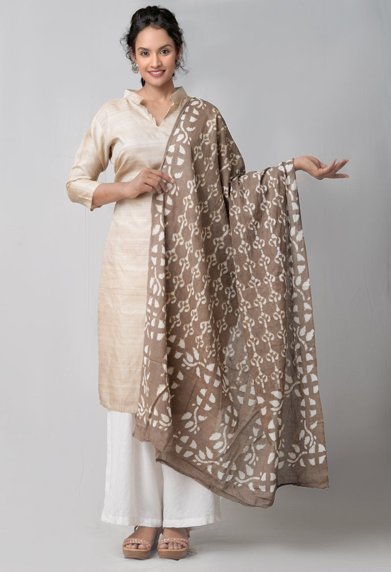 Grey Dabu Printed Pure Mulmul Cotton Dupatta