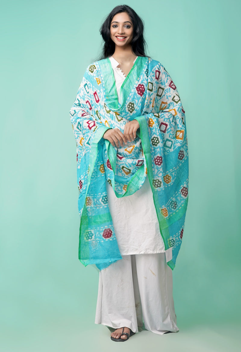 Online Shopping for Blue Pure Hand Batik Linen Dupatta with Batik Prints from Chattisgarh at Unnatisilks.comIndia
