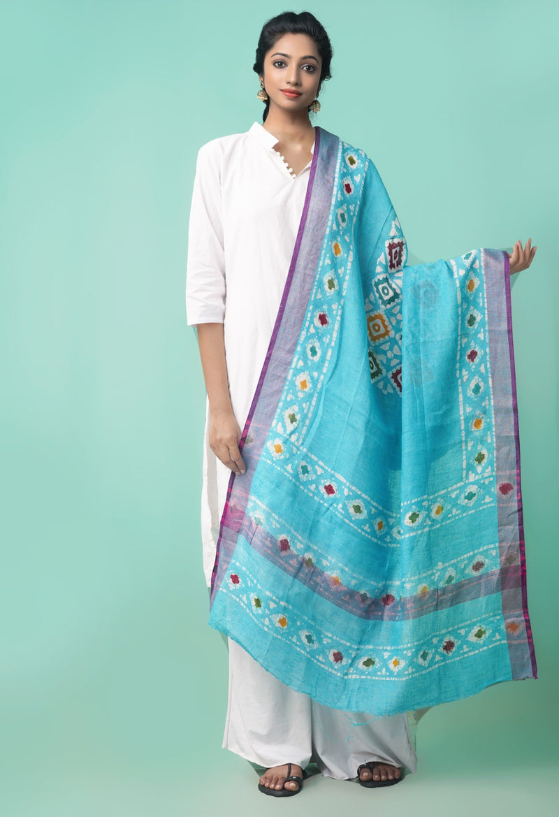 Online Shopping for Blue Pure Hand Batik Linen Dupatta with Batik Prints from Chattisgarh at Unnatisilks.comIndia
