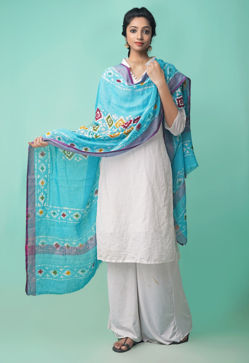 Online Shopping for Blue Pure Hand Batik Linen Dupatta with Batik Prints from Chattisgarh at Unnatisilks.comIndia

