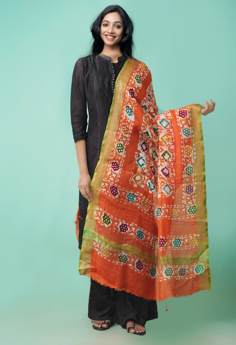 Online Shopping for Orange Pure Hand Batik Linen Dupatta with Batik Prints from Chattisgarh at Unnatisilks.comIndia

