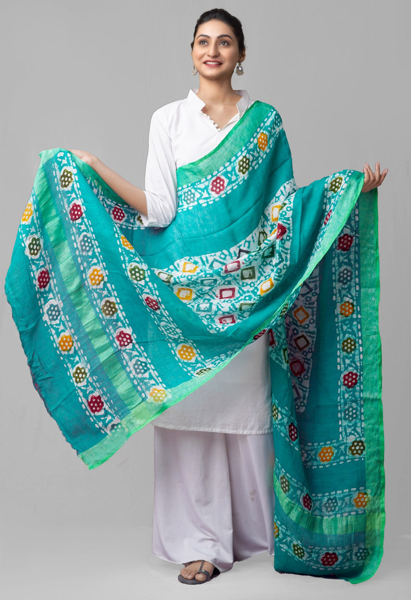 Online Shopping for Green Pure Hand Batik Linen Dupatta with Batik Prints from Chattisgarh at Unnatisilks.comIndia
