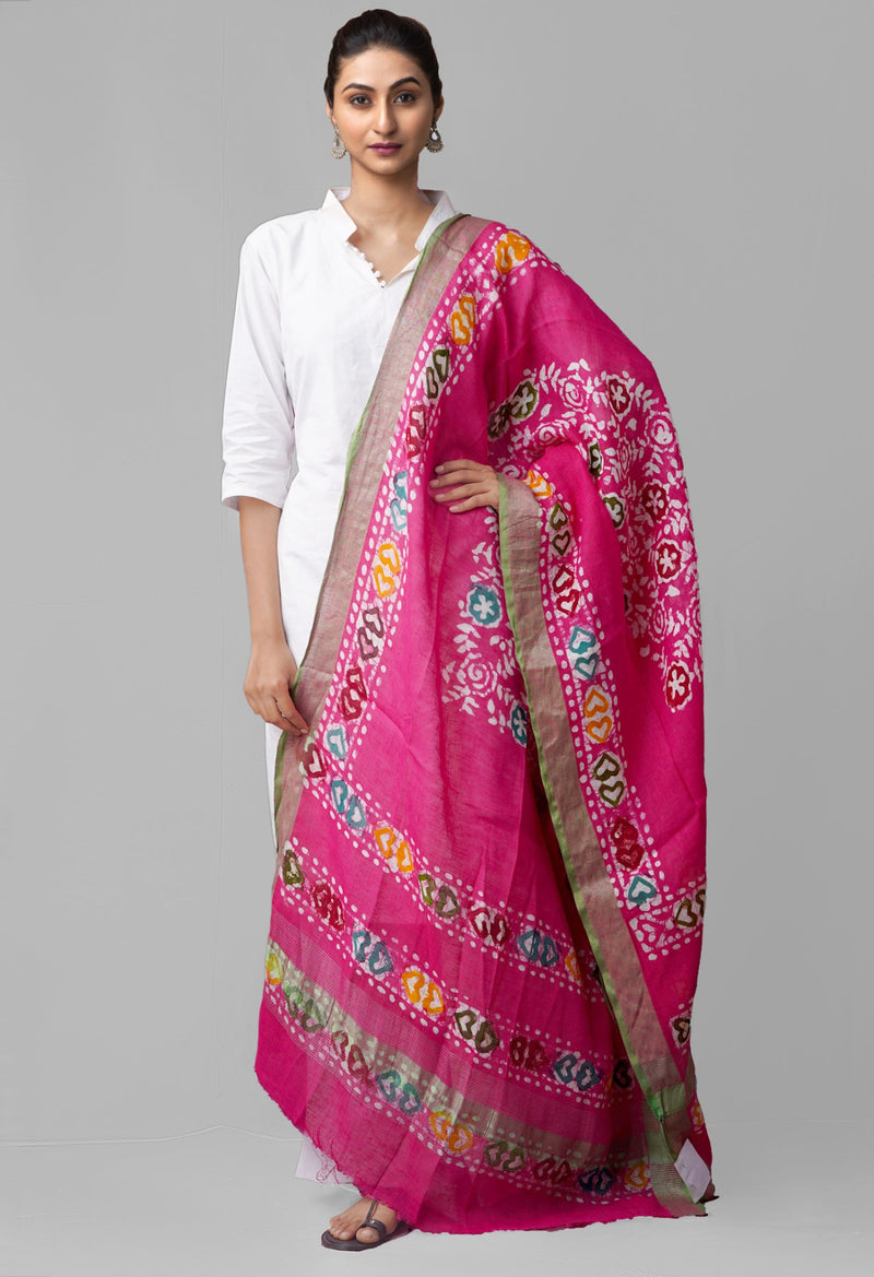 Online Shopping for Pink Pure Hand Batik Linen Dupatta with Batik Prints from Chattisgarh at Unnatisilks.comIndia