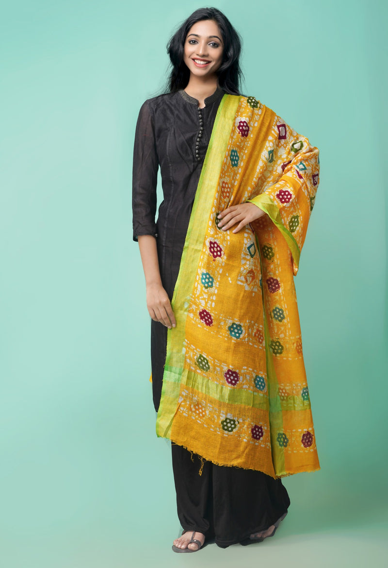 Online Shopping for Yellow Pure Hand Batik Linen Dupatta with Batik Prints from Chattisgarh at Unnatisilks.comIndia
