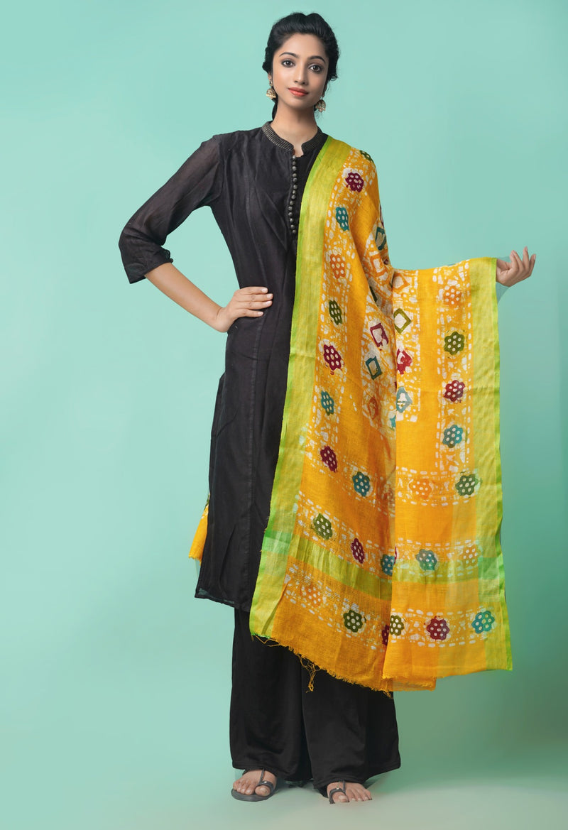 Yellow Pure Hand Batik Linen Dupatta-UDS3108