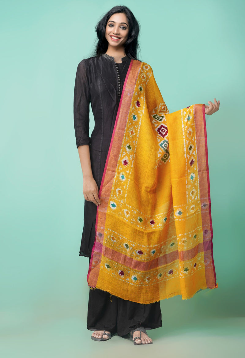 Yellow Pure Hand Batik Linen Dupatta