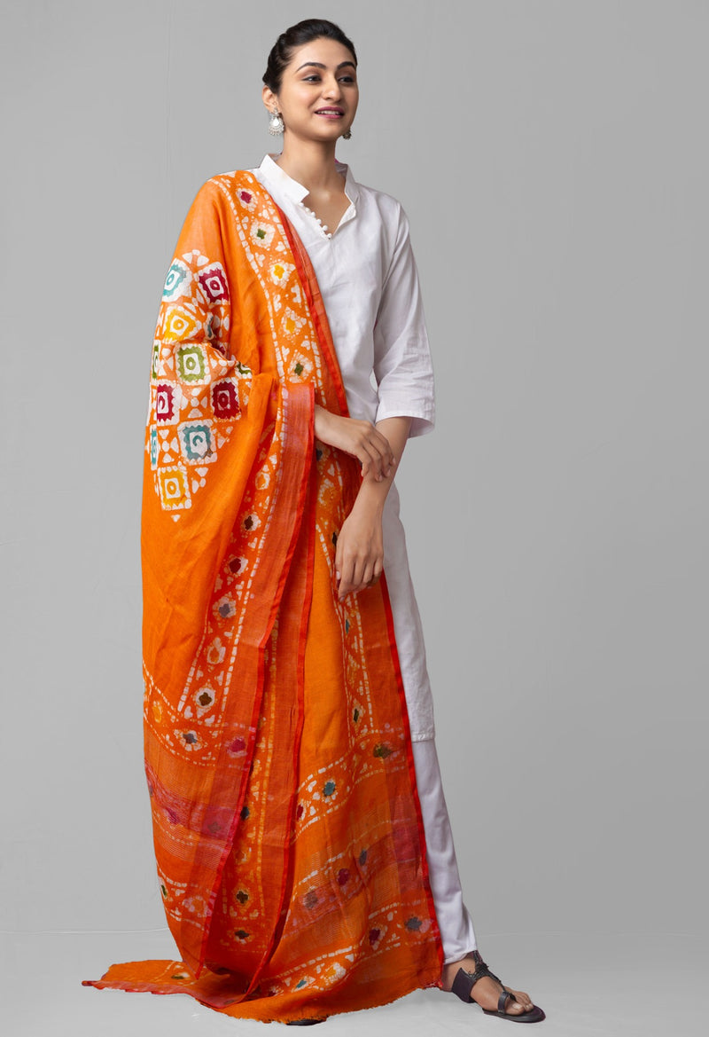 Orange Pure Hand Batik Linen Dupatta-UDS3113