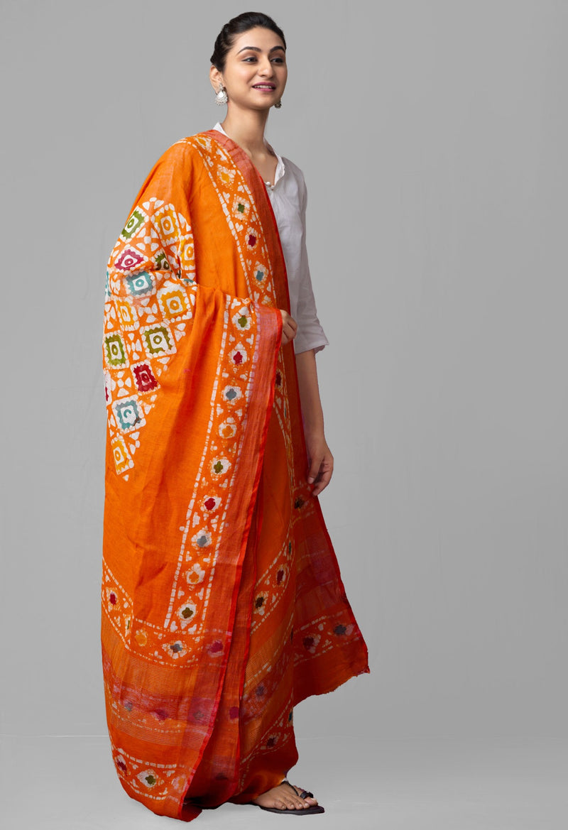Online Shopping for Orange Pure Hand Batik Linen Dupatta with Batik Prints from Chattisgarh at Unnatisilks.comIndia
