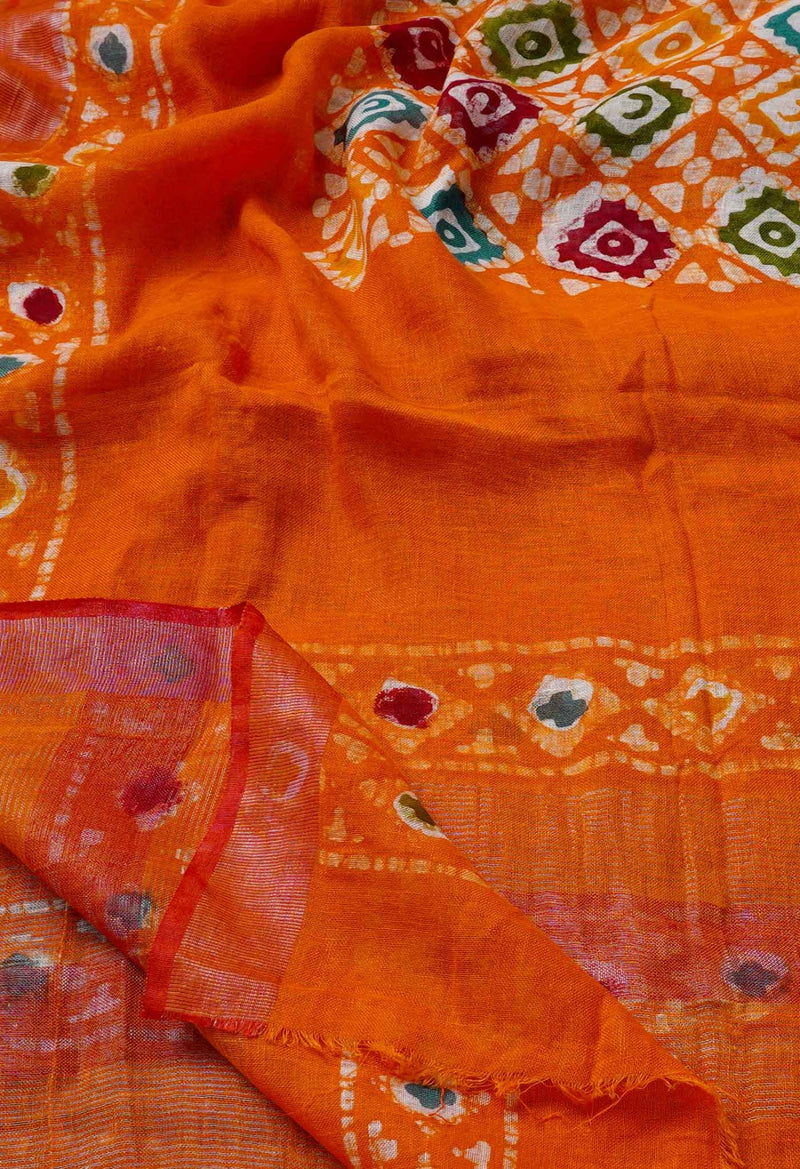 Orange Pure Hand Batik Linen Dupatta-UDS3113
