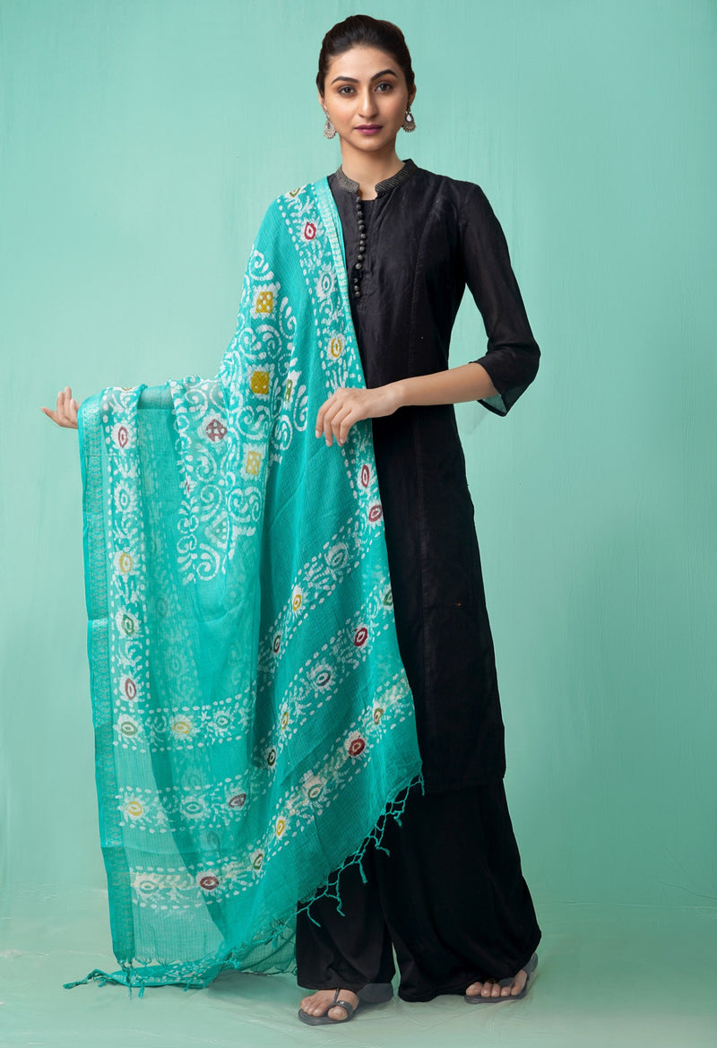 Online Shopping for Green Pure Hand Batik Kota Cotton Dupatta with Batik Prints from Rajasthan at Unnatisilks.comIndia
