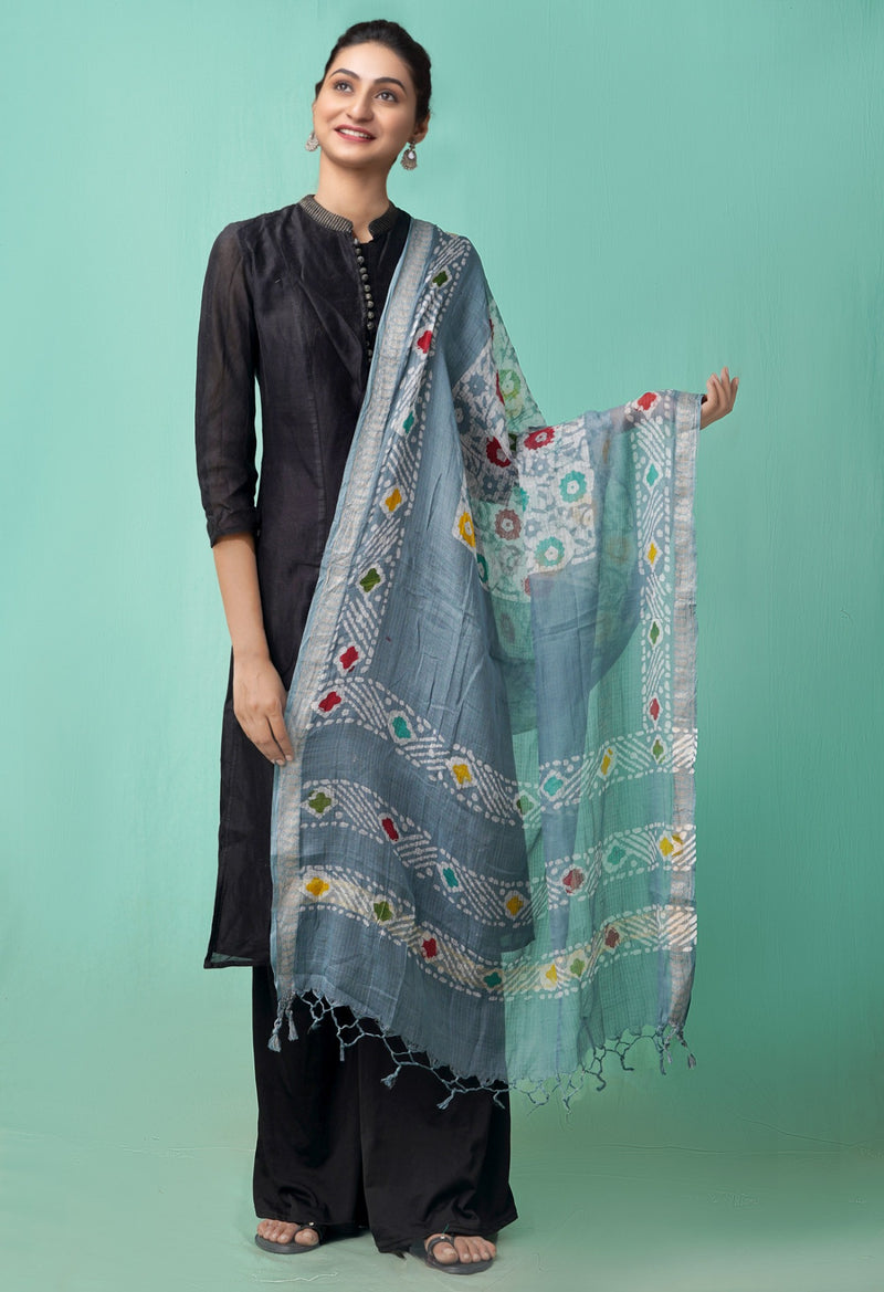 Online Shopping for Grey Pure Hand Batik Kota Cotton Dupatta with Batik Prints from Rajasthan at Unnatisilks.comIndia
