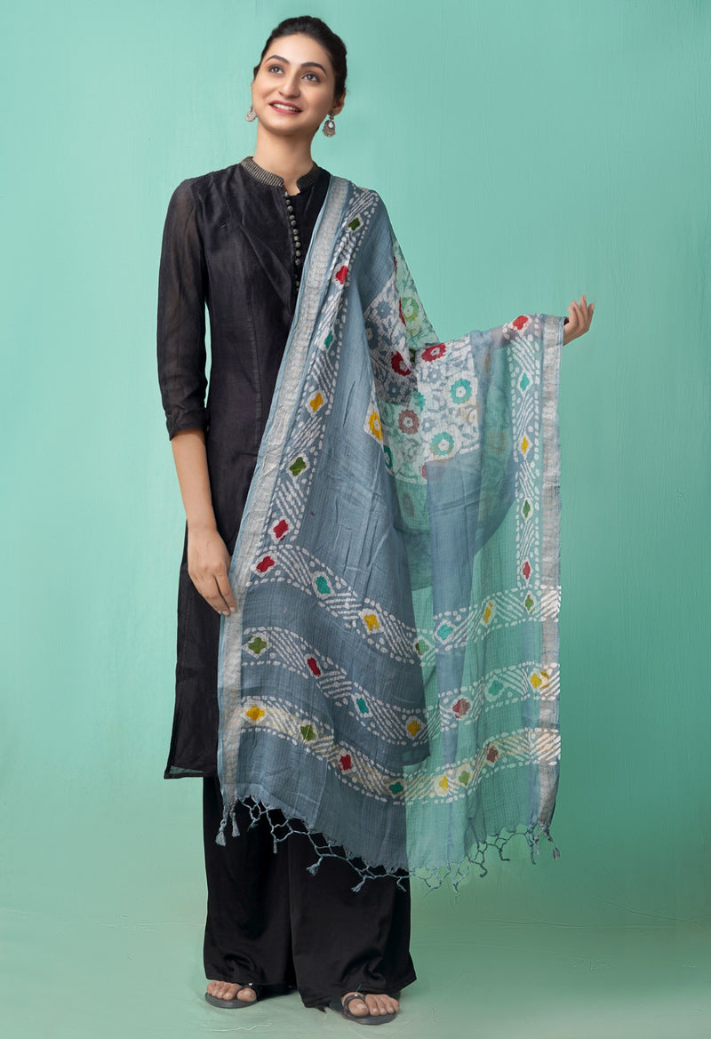 Online Shopping for Grey Pure Hand Batik Kota Cotton Dupatta with Batik Prints from Rajasthan at Unnatisilks.comIndia
