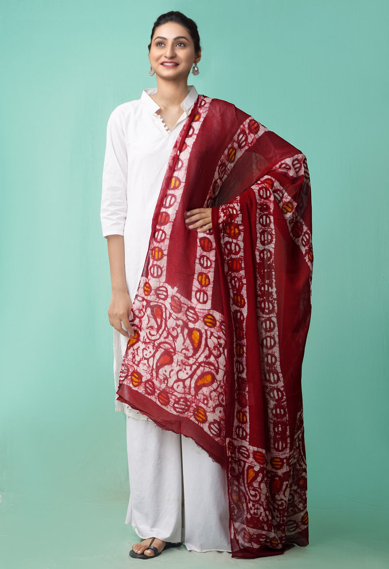 Maroon Pure Hand Batik Georgette  Dupatta