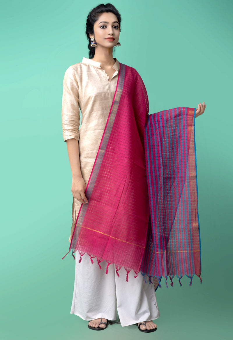Online Shopping for Pink-Blue Pure Mangalagiri Cotton Dupatta with Weaving from Andhra Pradesh at Unnatisilks.comIndia
