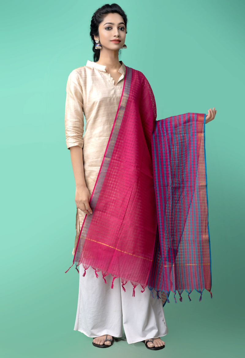 Online Shopping for Pink-Blue Pure Mangalagiri Cotton Dupatta with Weaving from Andhra Pradesh at Unnatisilks.comIndia
