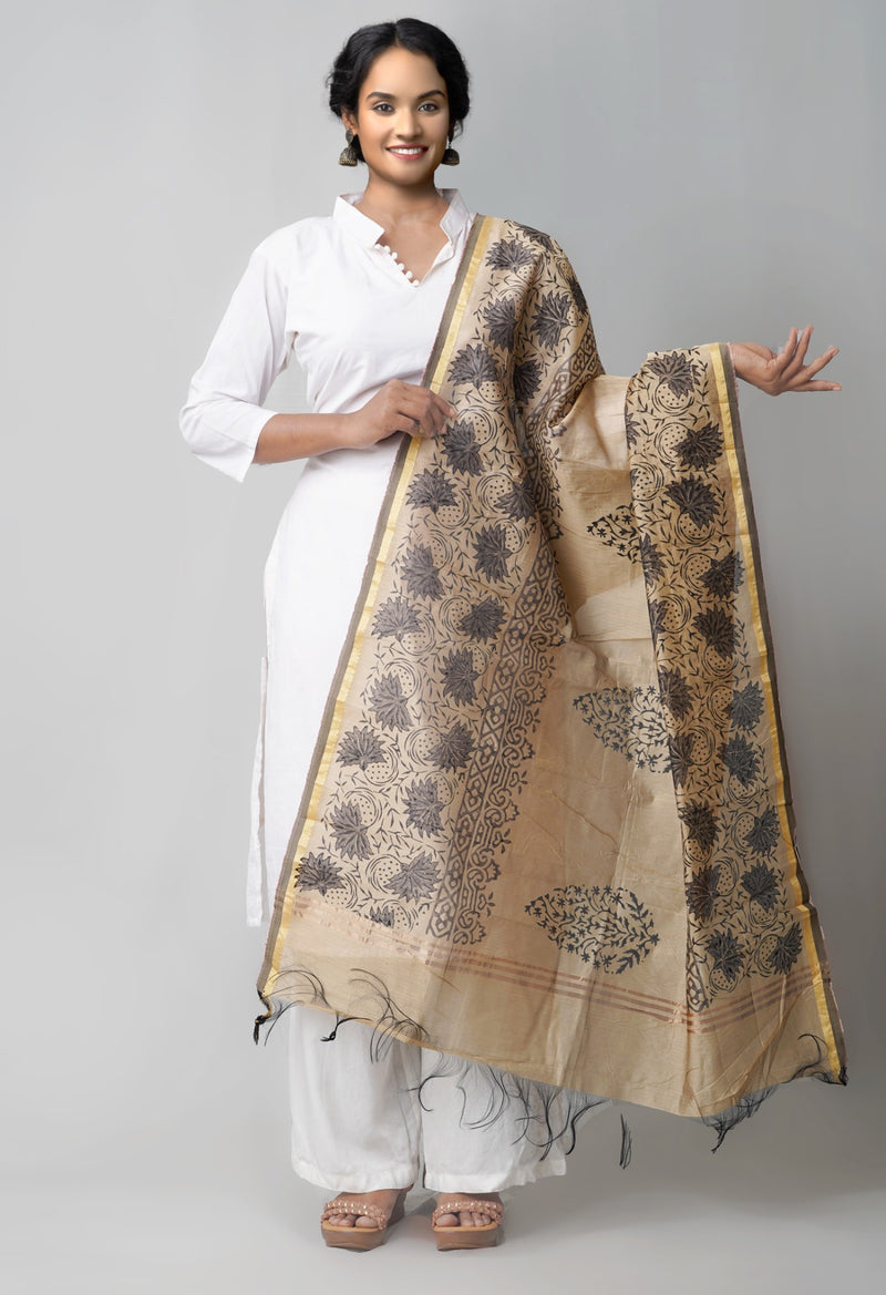Brown Hand Block Printed Chanderi Sico Dupatta