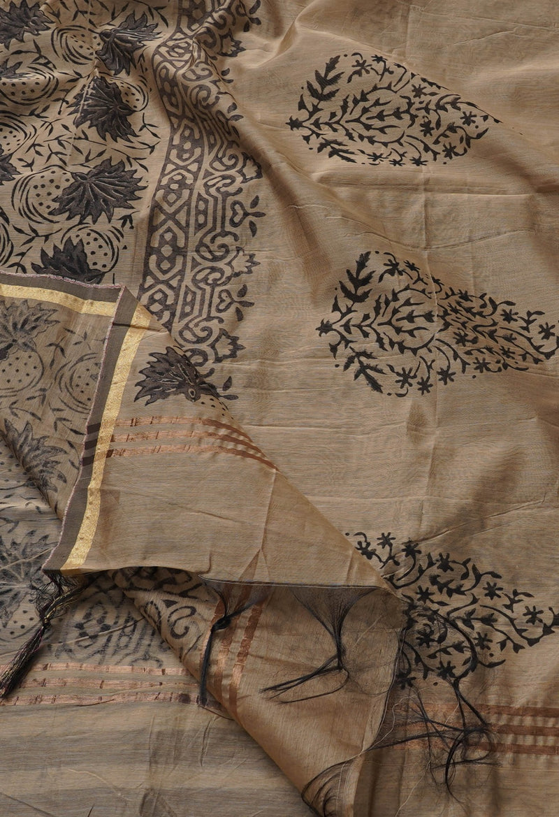 Online Shopping for Brown Hand Block Printed Chanderi Sico Dupatta with Weaving from Rajasthan at Unnatisilks.comIndia

