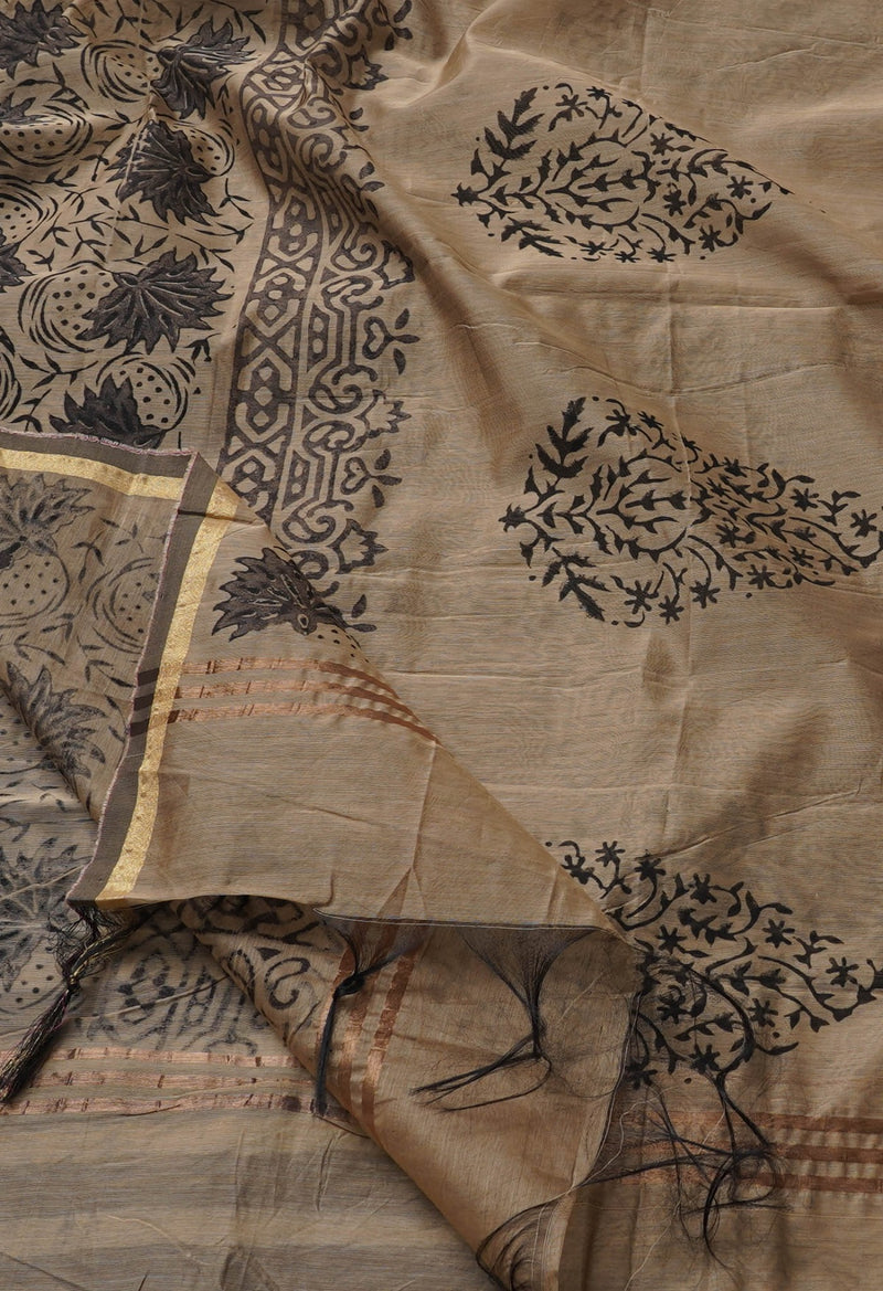 Online Shopping for Brown Hand Block Printed Chanderi Sico Dupatta with Weaving from Rajasthan at Unnatisilks.comIndia
