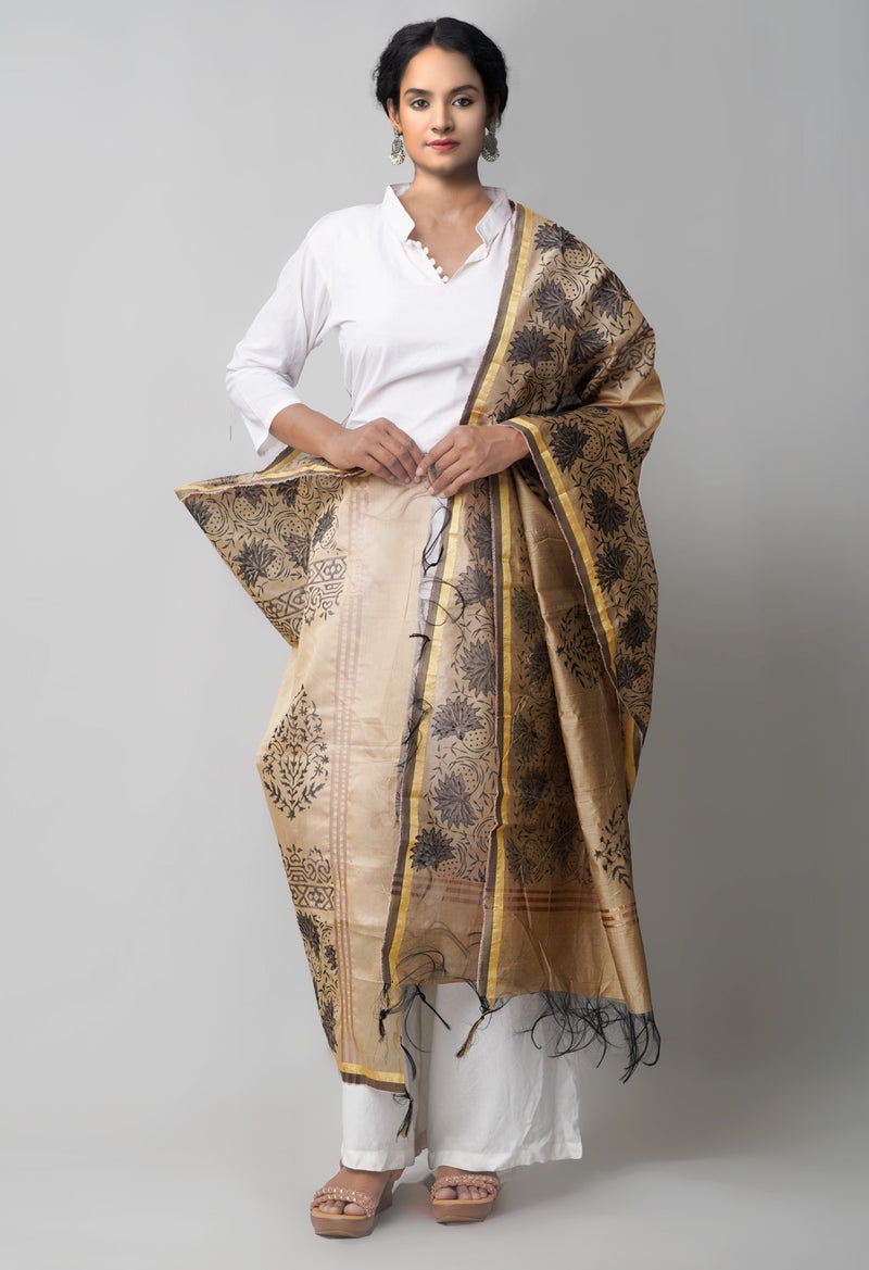 Online Shopping for Brown Hand Block Printed Chanderi Sico Dupatta with Weaving from Rajasthan at Unnatisilks.comIndia
