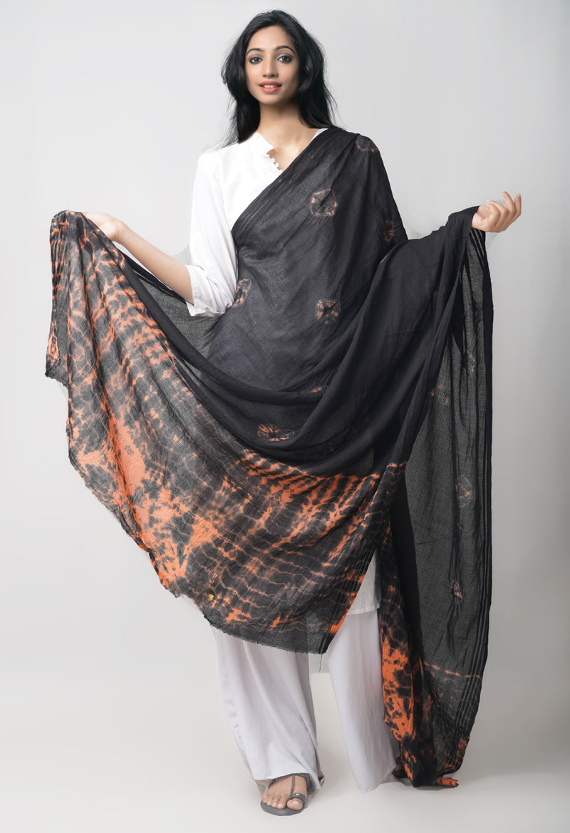 Online Shopping for Black-Orange Pure Tie- Dye Shibori Cotton Dupatta with Tie and Dye Shibori from Rajasthan at Unnatisilks.comIndia
