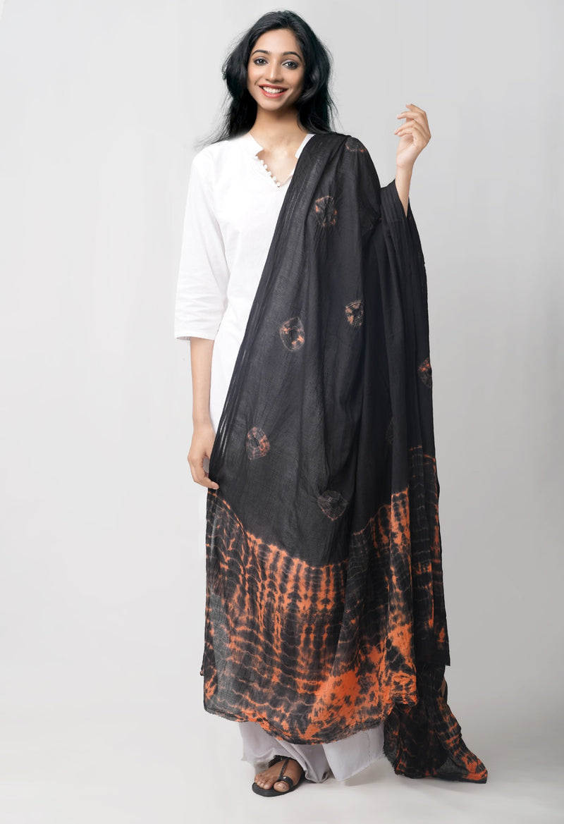 Black-Orange Pure Tie- Dye Shibori Cotton Dupatta