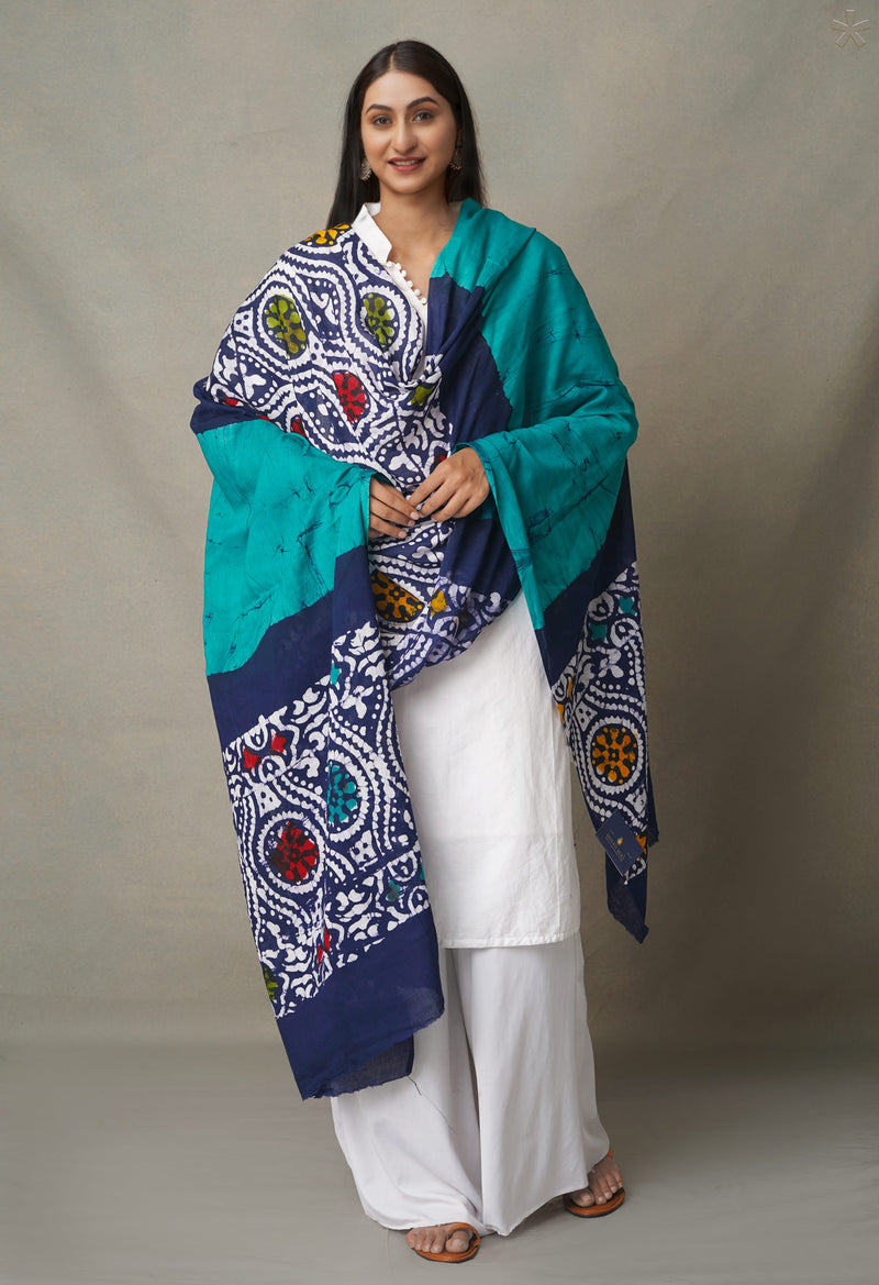 Green-Navy Blue Pure Batik Cotton Dupatta-UDS3441