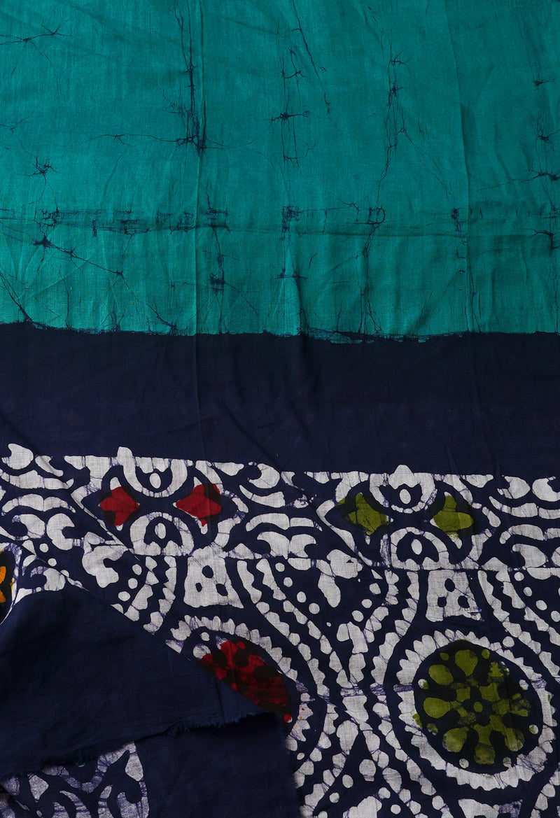 Green-Navy Blue Pure Batik Cotton Dupatta-UDS3441