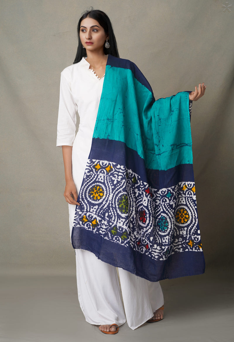 Green-Navy Blue Pure Batik Cotton Dupatta-UDS3441